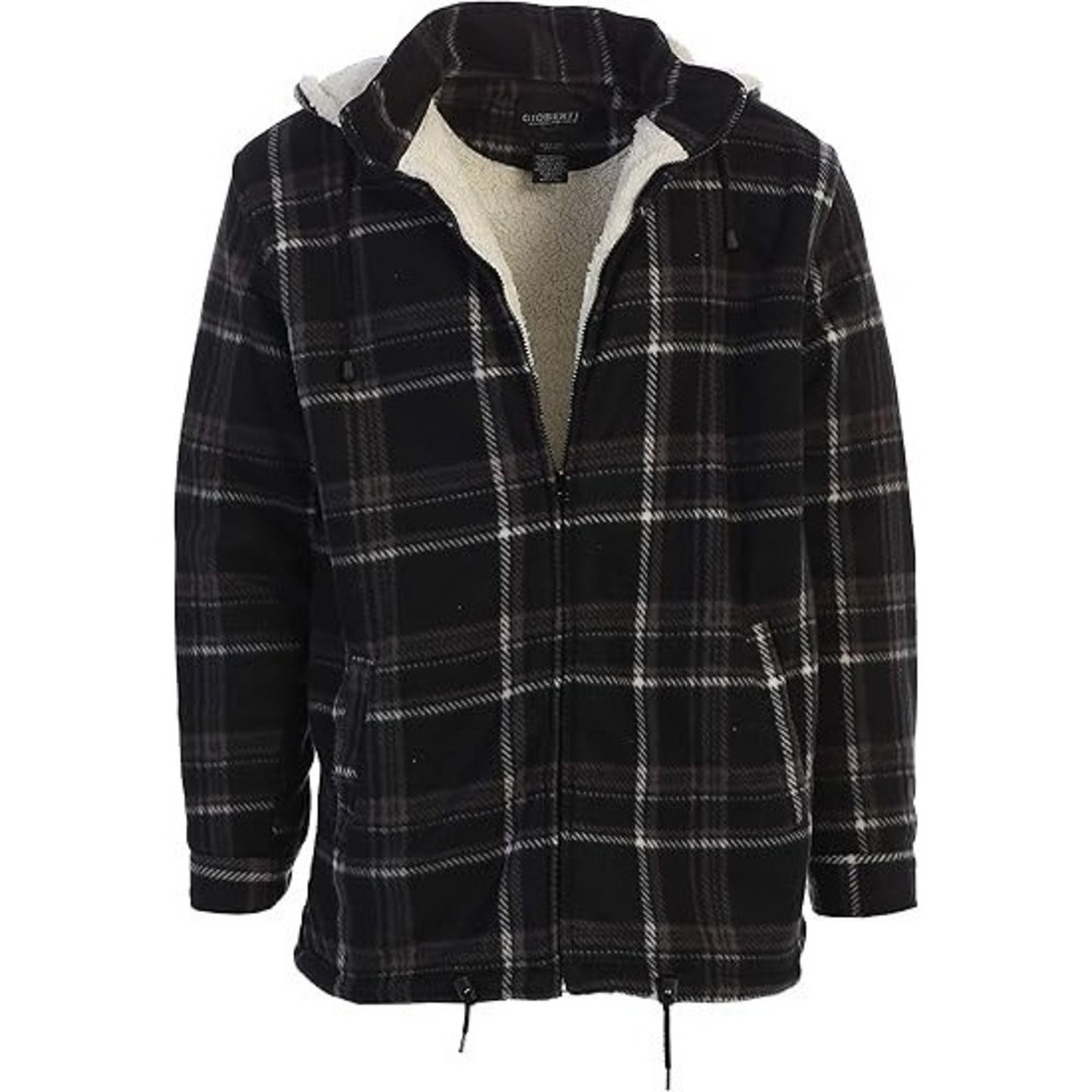 Men's Sherpa Lined Flannel Jacket with Removable Hood - Charcoal/White - Large